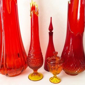 SOLD on Ⓜ️ | Vintage MCM 20.5” Fenton Amberina Orange Flame Hobnail Swung Vase